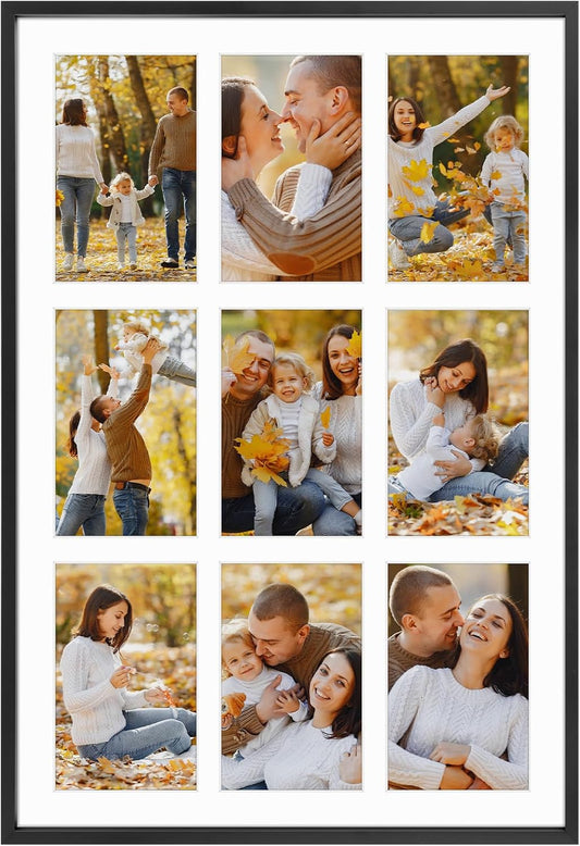 Frametory - 13.6x19.7 Aluminum Collage Picture Frame - Display 4x6 Pictures with 9 Openings Mat - Real Glass Front - Horizontal/Vertical Wall Mount - Black 1 Pack