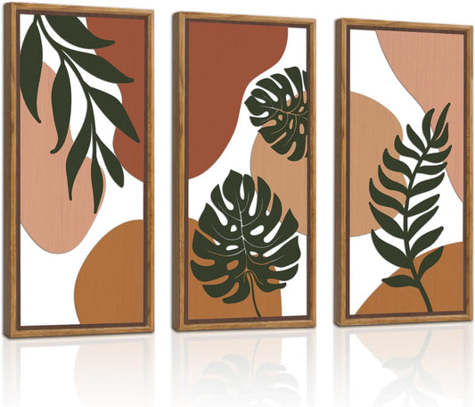 KAIRNE Boho Tropical Wooden Wall Art Set,Botanical Palm Leaf Wood Decor,Farmhouse Geometric Hanging Decor Set of 3(8X16),Framed Minimalist Nature Bohemian Wood Art For Living Room Bedroom Office Decoration,