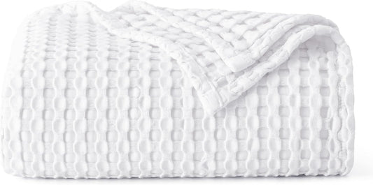 Bedsure Cooling Cotton Waffle Weave Blanket - Lightweight Breathable Blanket of Rayon Derived from Bamboo for Hot Sleepers, Luxury Throws for Bed, Couch and Sofa, White, 50x70 Inches