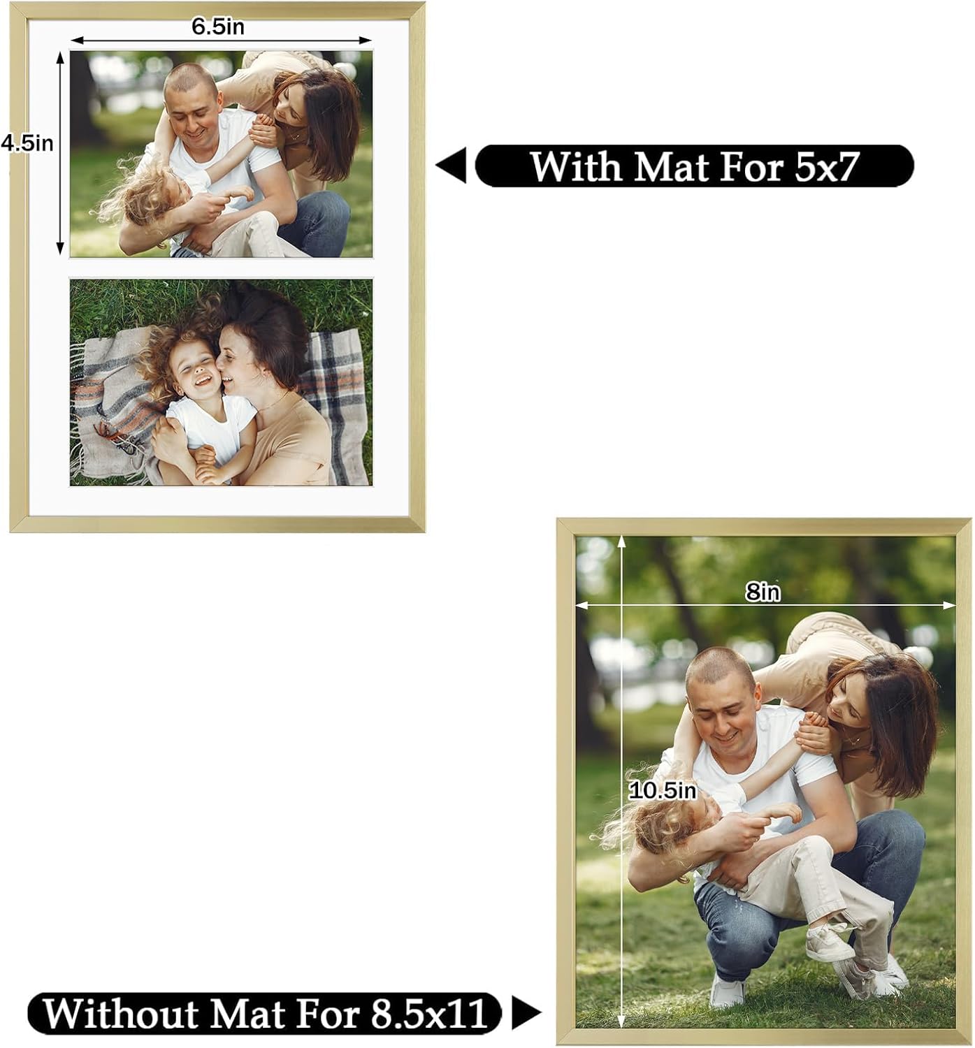 Frametory - 8.5x11 Aluminum Collage Picture Frame - Display 5x7 Pictures with 2 Openings Mat - Real Glass Front - With Easel Stand for Horizontal/Vertical Wall Mount - Gold 1 Pack