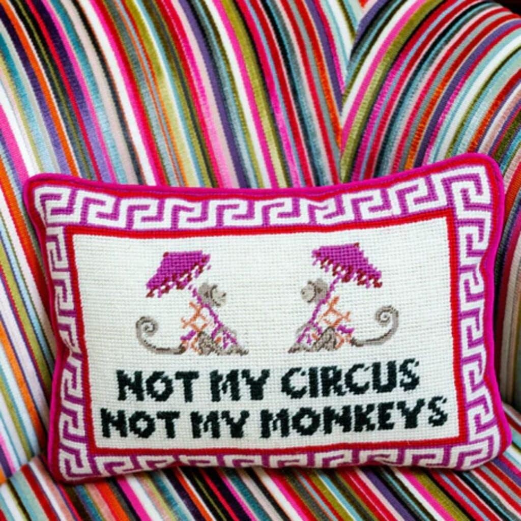 FURBISH Needlepoint Decorative Throw Pillow - Not My Circus Not My Monkeys, Small Embroidered Accent Pillow for Bed, Chair, Couch, Sofa, Eclectic Home Decor, 10" x 14"