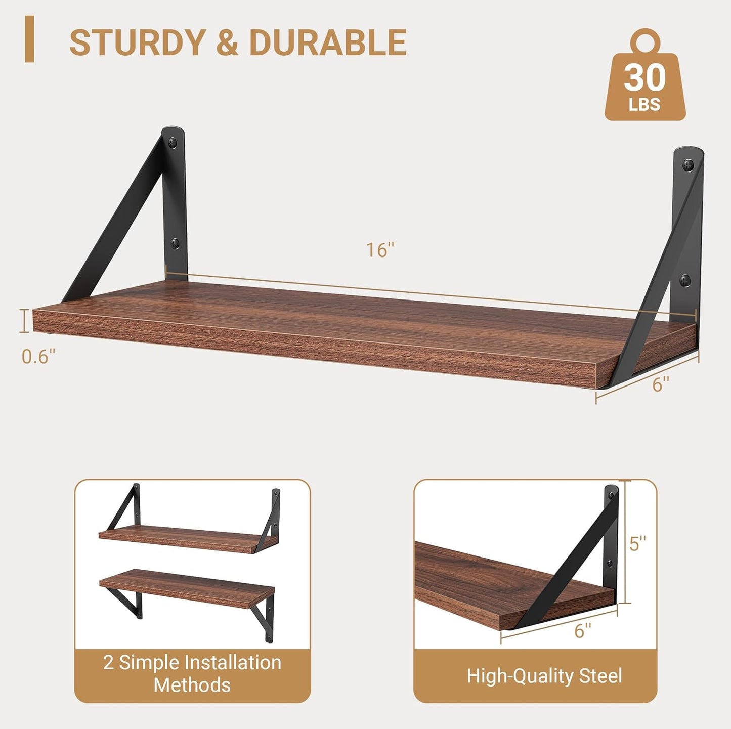 Heimlove Floating Shelves for Wall, 16 Inch Long Wood Floating Shelves Set of 3, Wall Mounted Hanging Shelf for Bathroom Bedroom Kitchen, Walnut