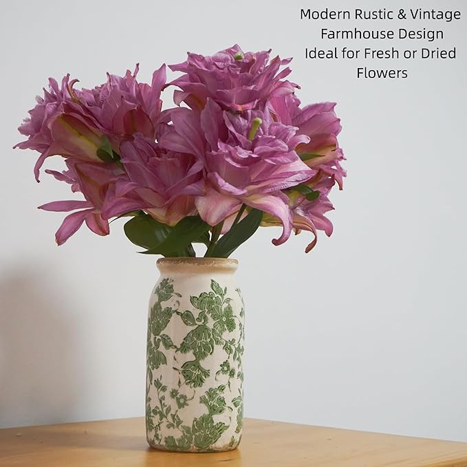 Vintage Green Floral Ceramic Vase, 8 Inch Crackle Glaze Rustic Handmade Vase, Decorative Pottery for Fresh or Dried Flowers, Farmhouse Cottage Modern Rustic Decor