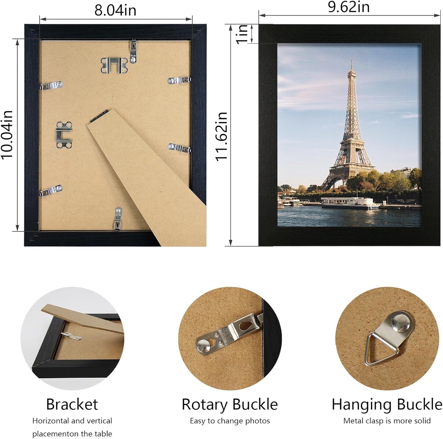 iRahmen 8x10 Picture Frame Set of 4, Black Wooden Frame with High Definition Glass, 8 x 10 Photo Frames for Tabletop Display and Wall Mounting