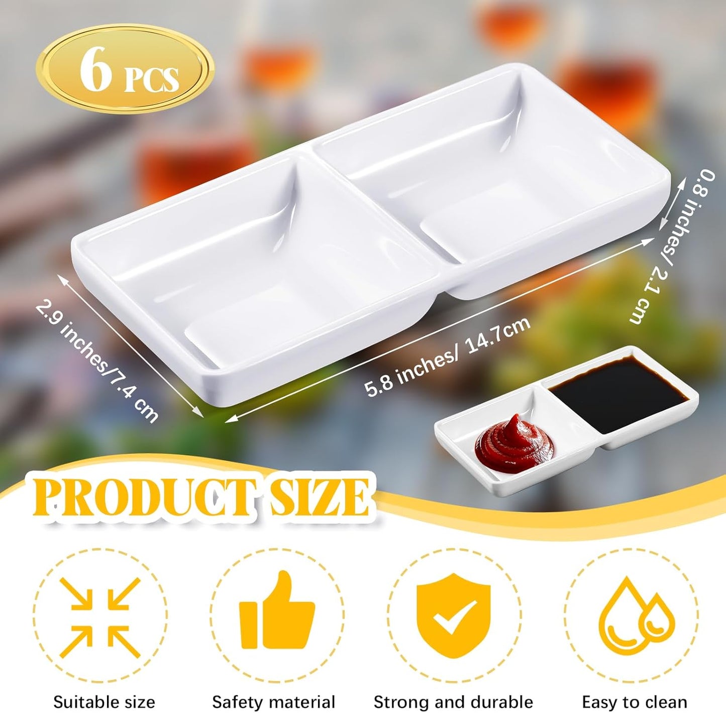 Gejoy 6 Pcs Dual Dipping Sauce Bowls Soy Sauce Dish Bowls Two Compartments Party Trays Divided Fondue Plates for Restaurant Kitchen Sushi Soy (White)