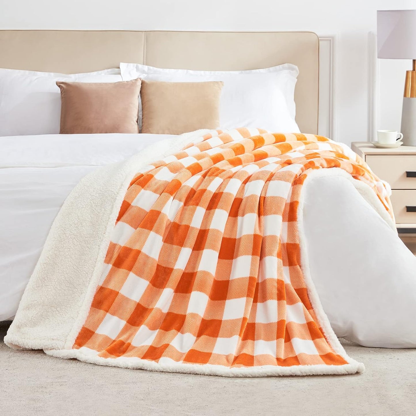 BEAUTEX Sherpa Fleece Fall Throw Blanket, Super Soft Warm Buffalo Plaid Plush Blankets and Throws, Lightweight Cozy Fuzzy Blanket Fall Decor for Couch Sofa Bed (Orange, Throw 50" x 60")