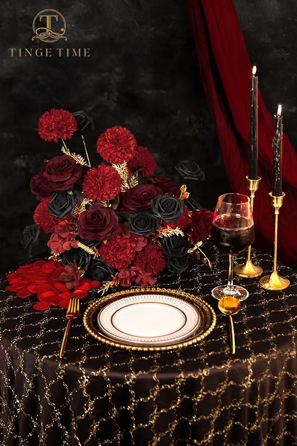 TINGE TIME Rose Artificial Flowers Combo, Gradient Color Faux Foam Roses with Stems for DIY Wedding Bridal Shower Party Table Centerpieces Fake Floral Arrangement Home Decor (Gothic Black & Red)