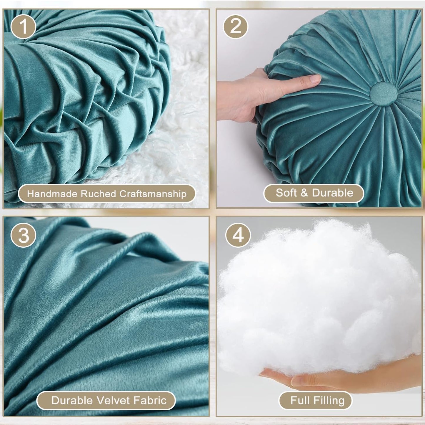 HIG Set of 2 Teal Ruched Velvet Round Throw Pillows – 14.5’’ Decorative Pillows with Soft Polyester Filling for Couch, Bed, Living Room, Bedroom, or Dorm – Handmade, Stress Relieving, All-Season