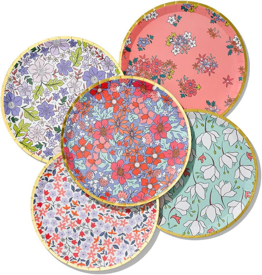 Coterie Full Bloom Floral Paper Plates (Set of 10) - Disposable 7.25" Small Spring Plates for Tea Party, Bridal Shower, Garden Baby Shower Decorations | 2 of Each Design