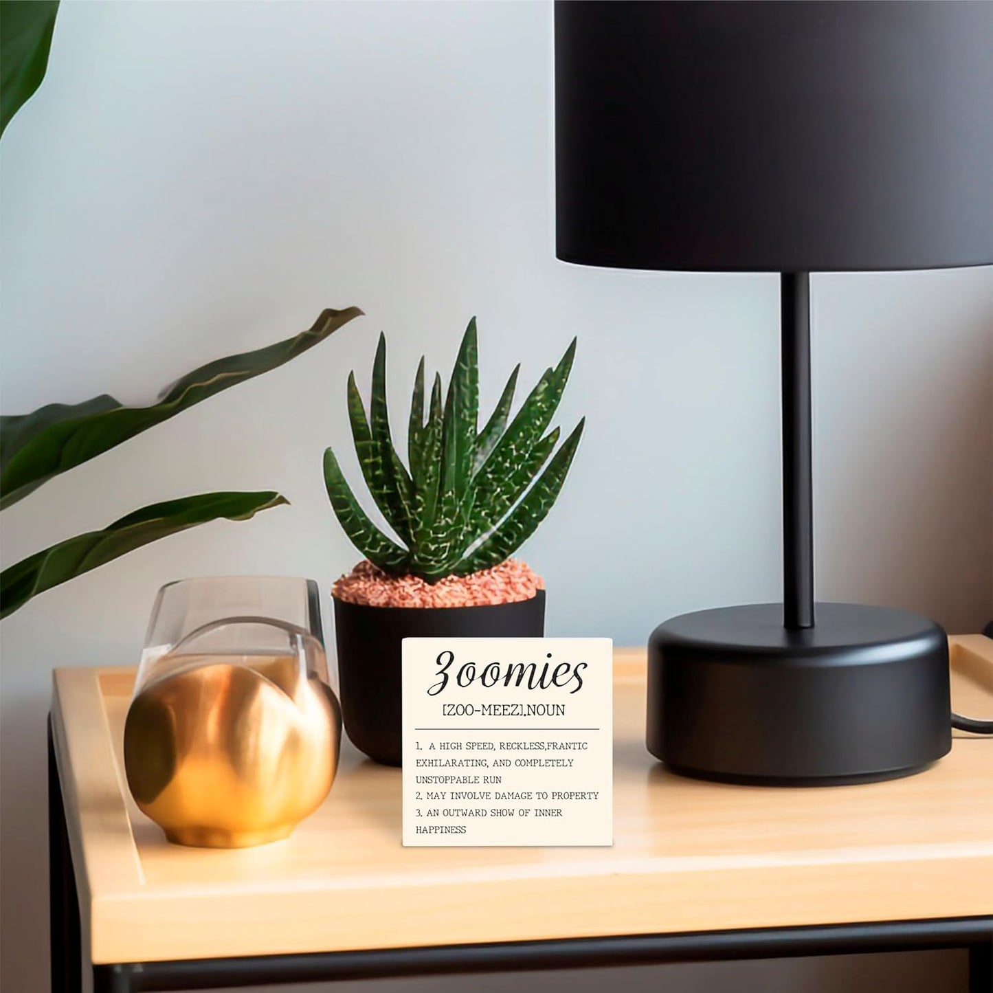 Dog Theme Wooden Block Sign - Zoomies - 4"X4" Decorative Pine Wood Plaque, Home & Office Desk Decor, Dog Lover Gift, Room Tabletop, Shelf Accessories (Khaki) - A03