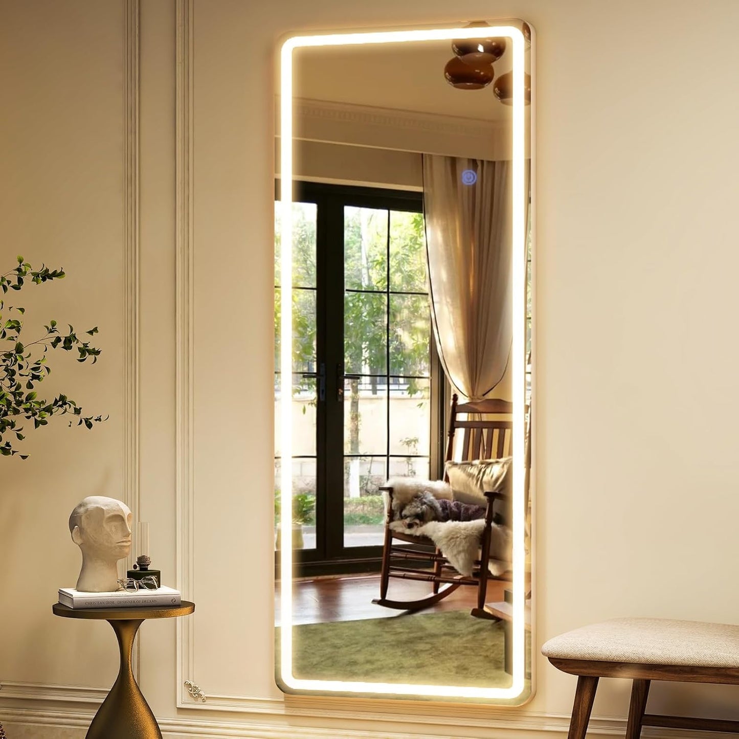 GLSLAND LED Full Length Mirror 64" x 21" Floor with Stand Wall Mounted Hanging Full Body Mirror with Lights Free Standing for Bedroom Living Room Bathroom, White
