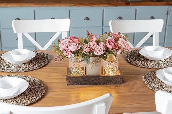 Mkono Mason Jar Lights Centerpiece Table Decorations For Dining Room Farmhouse Table Decor Tray With 3 Jars Flowers Arrangement Summer Decor For Kitchen Living Room Wedding, Pink