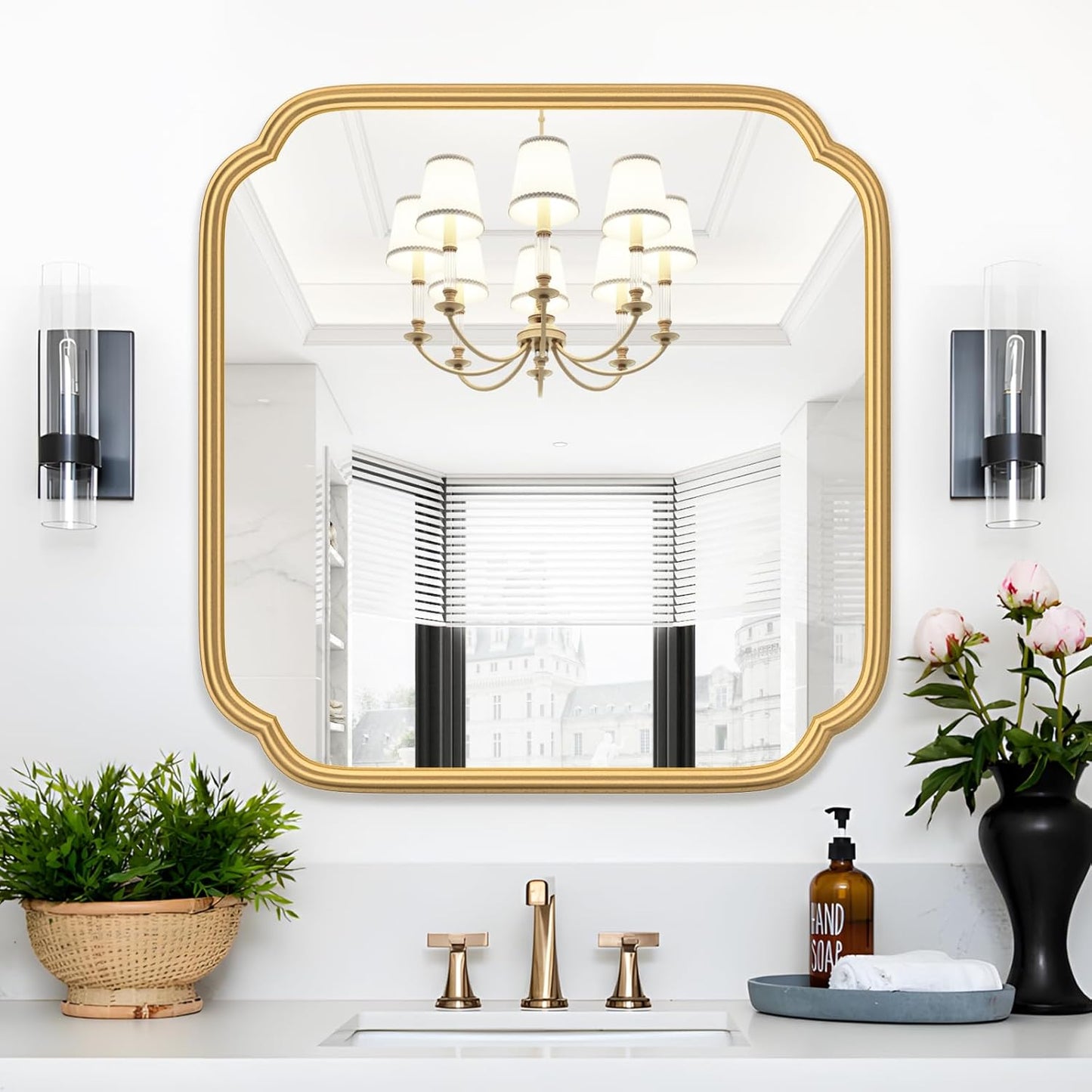 Gold Bathroom Mirror for Wall 24" x 24" Modern Rounded Corner Square Mirror with Non-Rusting Iron Metal Framed Bathroom Vanity Mirror for Over Sink Wall Decor Horizontal/Vertical