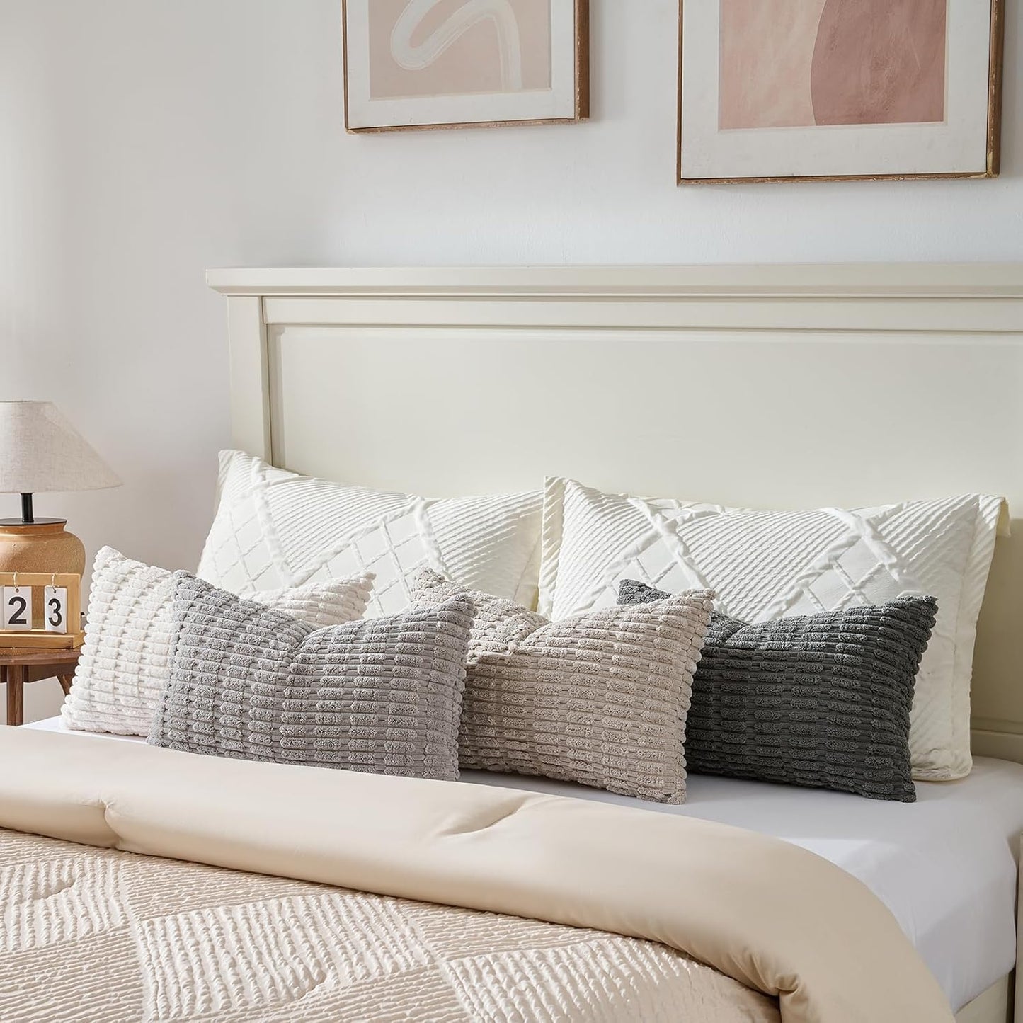 Fancy Homi Set of 4 Grey and White Lumbar Rectangle Decorative Throw Pillow Covers 16x24 Inch for Couch Bed Chair, Aesthetic Boho Room Decor, Soft Fuzzy Thick Corduroy Textured Cushion Case 40x60cm