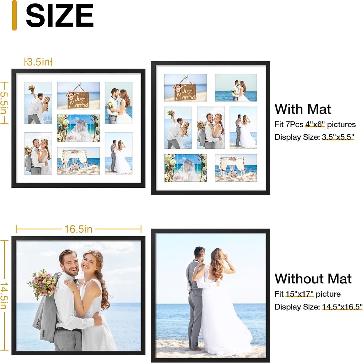 decorUhome 15x17 Picture Frames Collage Wall Decor, Display 7Pcs 4x6 Photos with Mat or 1Pcs 15x17 Unmatted, 7 4x6 Collage Picture Frames for Wall Mounting, Black