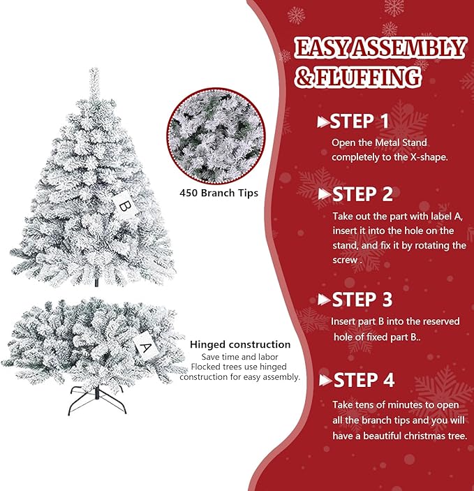ULICO 4ft Snow Flocked Artificial Christmas Tree,Premium Spruce Xmas Tree with 450 Branch Tips, Fake Christmas Tree with Foldable Metal Base Stand,Home, Office,Party Decoration