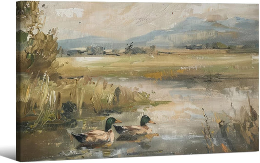 Mallard Duck Pond Poster Animal Farmhouse Canvas Wall Art Vintage Duck Painting Oil Painting 24x36 inch Framed Bird Hunter Gift for Rustic Cabin Nursery Wall Decor