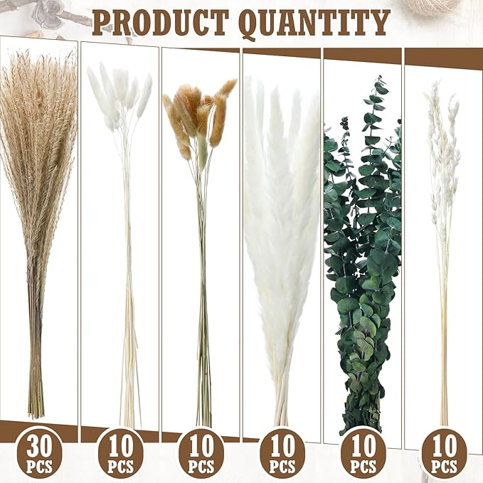 10 Set Dried Pampas Grass Centerpiece for Wedding 10 Clear Glass Jars 10 Artificial Roses 80 Dried Pampas Grass with Rope for Baby Shower Rustic Bridal Party Farmhouse Decoration (Champagne)