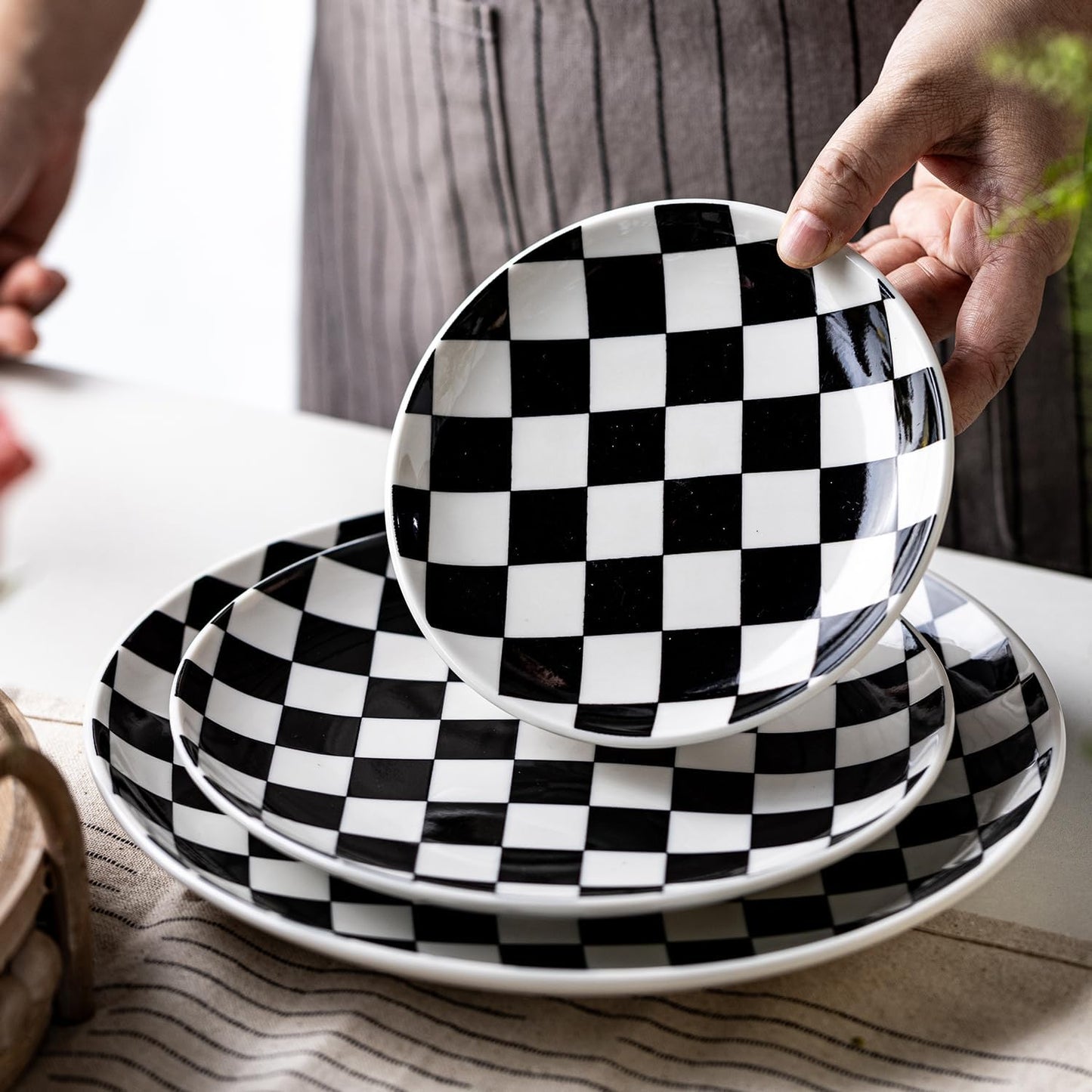 Black and White Checkered Small Dessert Plates Set of 6-6 Inch Ceramic Plates, Microwave & Dishwasher Safe, Minimalist Decorative Platters for Desserts