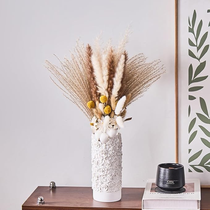White Rose Hand-Carved Resin Vase – 8 Inch Decorative Cylinder Vase for Pampas Grass, Centerpiece, Home Decor | Elegant Entryway, Countertop & Nightstand Accent | Unique Housewarming Gift