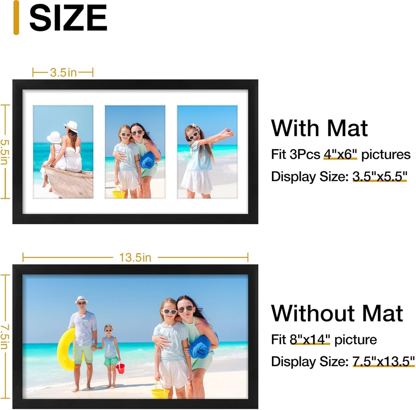 decorUhome 8x14 Picture Frames Collage Wall Decor, Display 3Pcs 4x6 Photos with Mat or 1Pcs 8x14 Unmatted, 3 4x6 Collage Picture Frames for Wall Mounting, Black