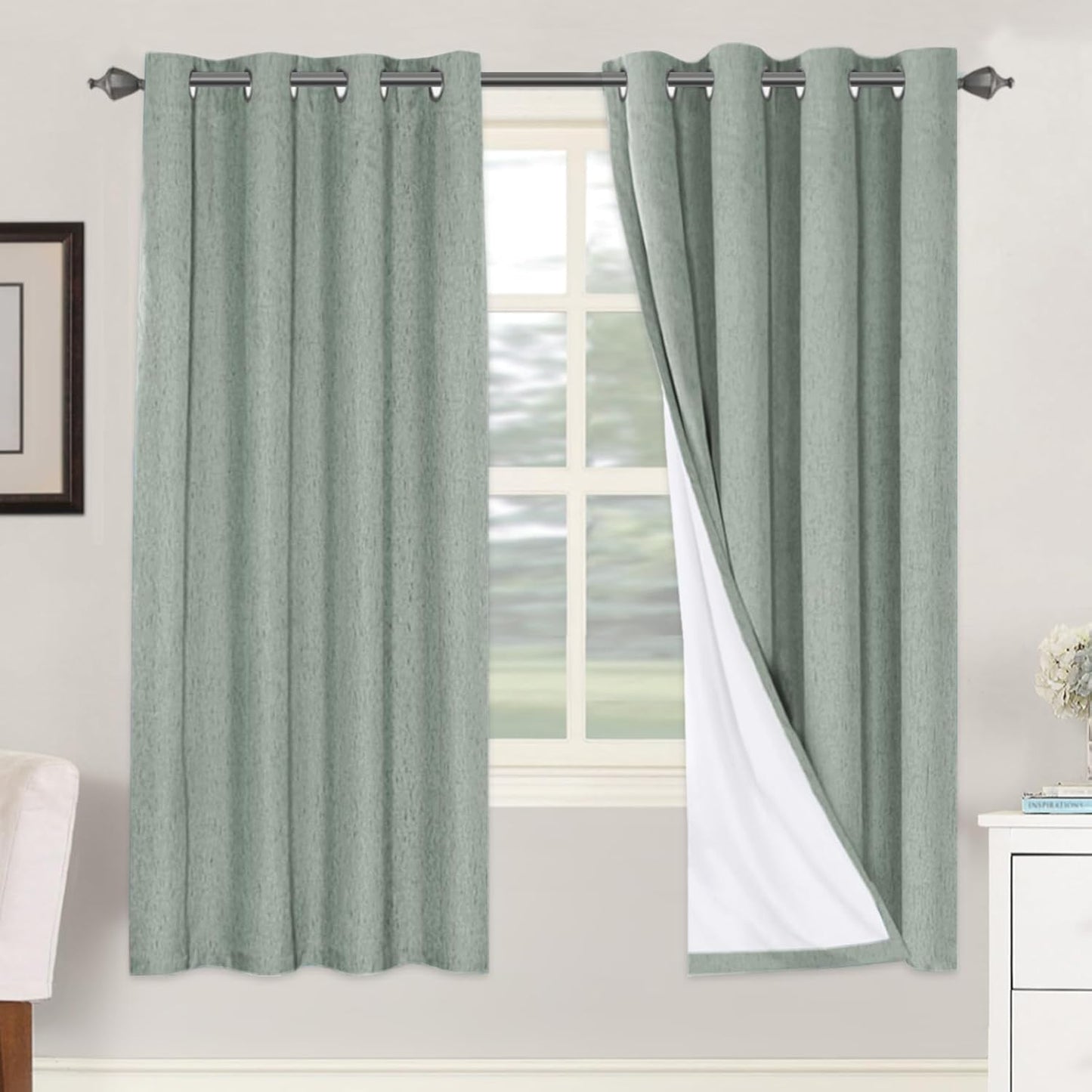 H.VERSAILTEX 100% Blackout Curtains for Bedroom Thermal Insulated Linen Textured Curtains Heat and Full Light Blocking Drapes Living Room Curtains 2 Panel Sets, Green Bay, 52x72 Inch