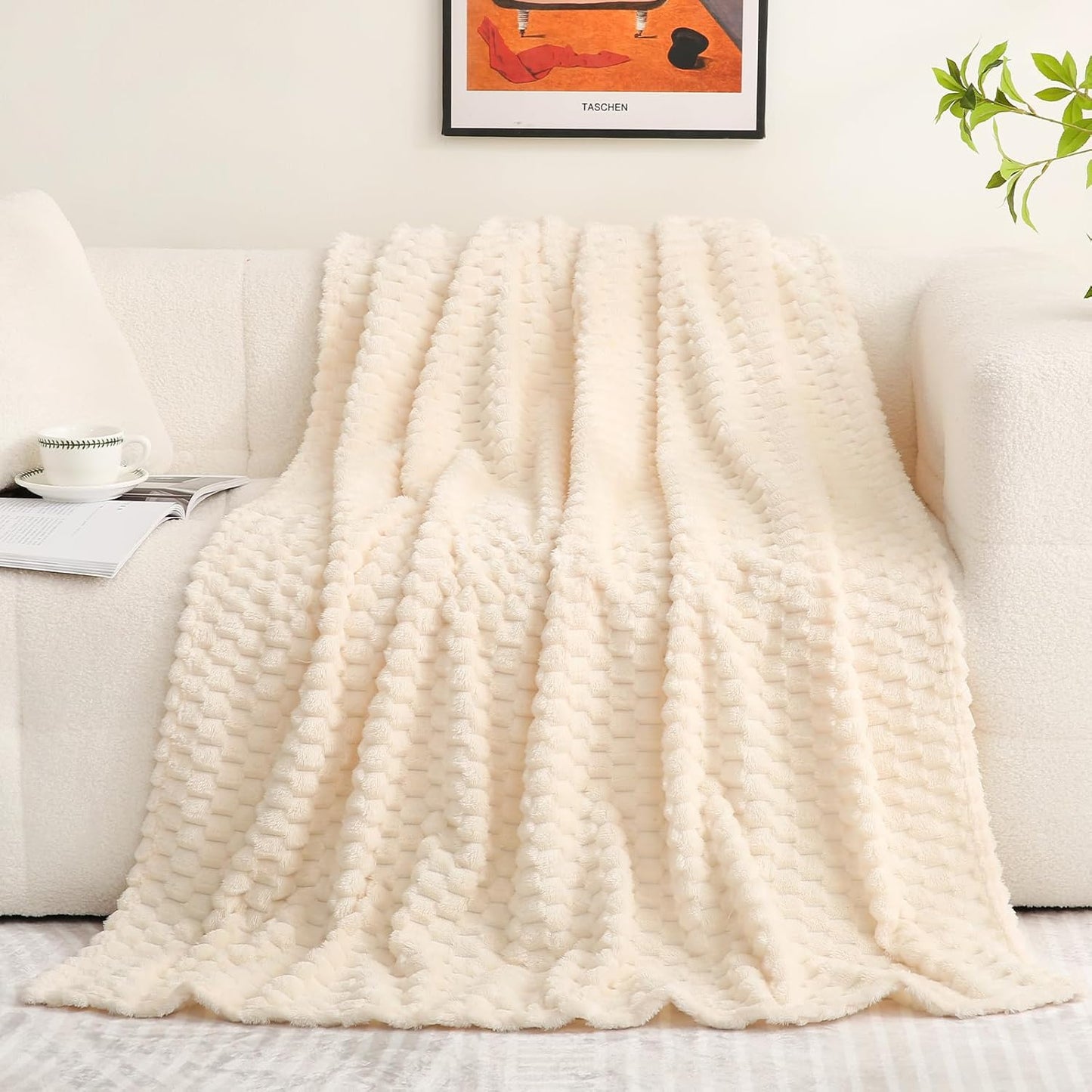 Cream White Throw Blanket 50"×60" inches Fuzzy 3D Jacquard Decorative Flannel Fleece Super Soft Plush Cozy Blanket for Couch Sofa Chair Lightweight