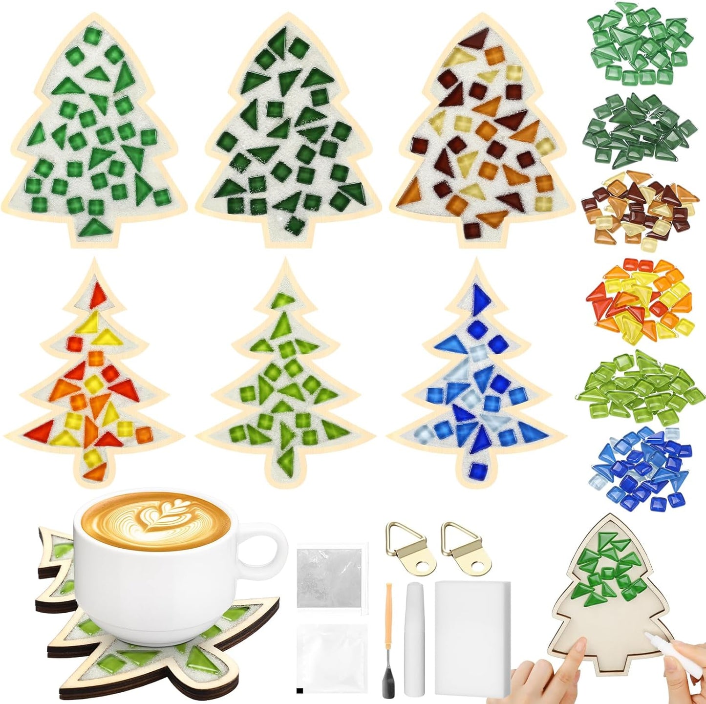 Honeydak 6 Sets DIY Glass Mosaic Tiles with 6 Wooden Coasters Making Mosaic Crafts Material Package Mixed Stained Glass for Handmade Colorful Home Decor Gift Indoor (Christmas Tree,Neutral Color)