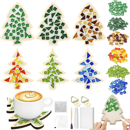 Honeydak 6 Sets DIY Glass Mosaic Tiles with 6 Wooden Coasters Making Mosaic Crafts Material Package Mixed Stained Glass for Handmade Colorful Home Decor Gift Indoor (Christmas Tree,Neutral Color)