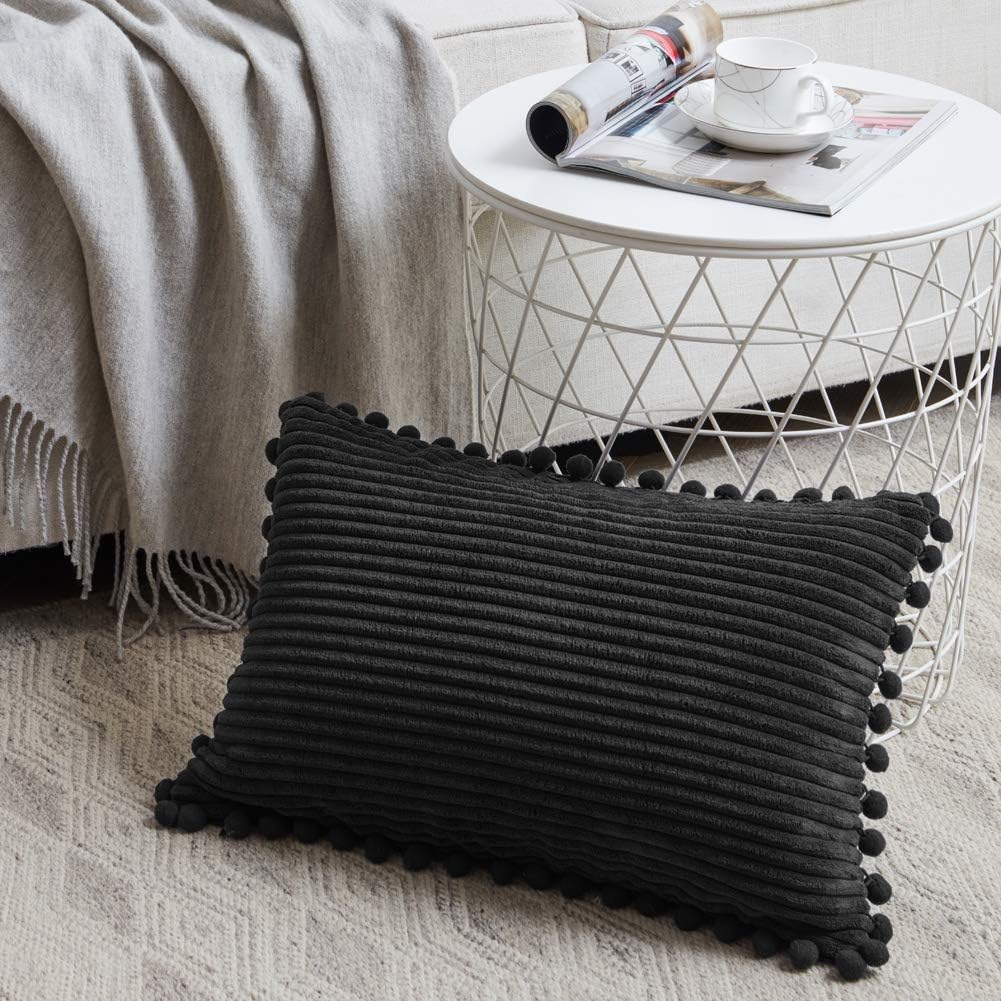 Fancy Homi 2 Pack Black Lumbar Decorative Throw Pillow Covers 12x24 Inch with Pom-poms for Couch Bedroom Sofa, Farmhouse Boho Home Decor, Soft Corduroy Solid Rectangle Cushion Case 30x60 cm