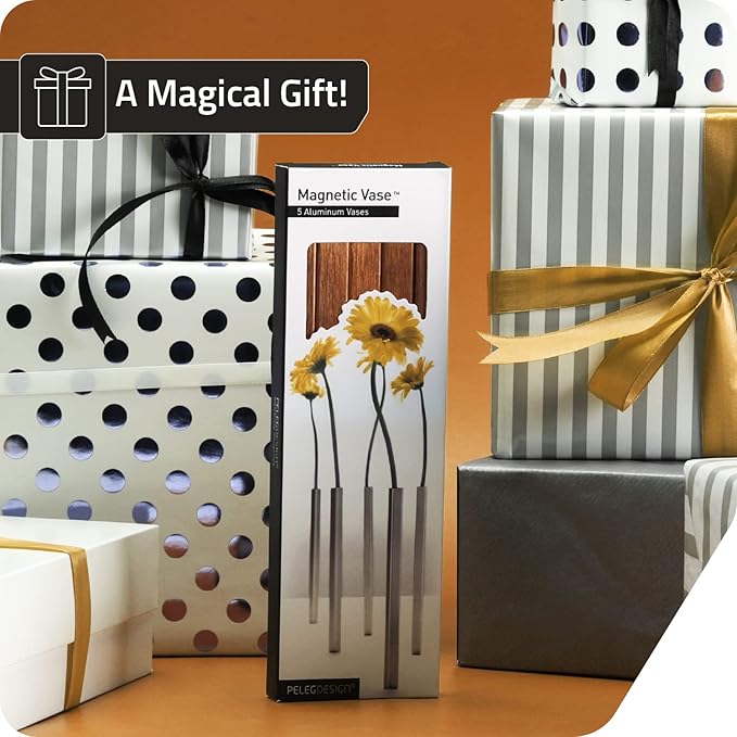 PELEG DESIGN Magnetic Flower Vase - Unique and Modern Set of 5 Gold Aluminum Vases for Home Garden Décor | 9.4 x 0.6 x 0.6 inches | Suitable for Both Real and Artificial Flowers