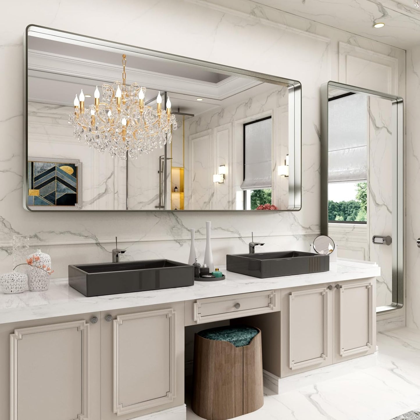 LOAAO 72X36 Inch Brushed Nickel Bathroom Mirror, Rounded Rectangle Silver Metal Frame Mirror, Brushed Nickel, Anti-Rust, Shatter Proof, Hangs Horizontally or Vertically