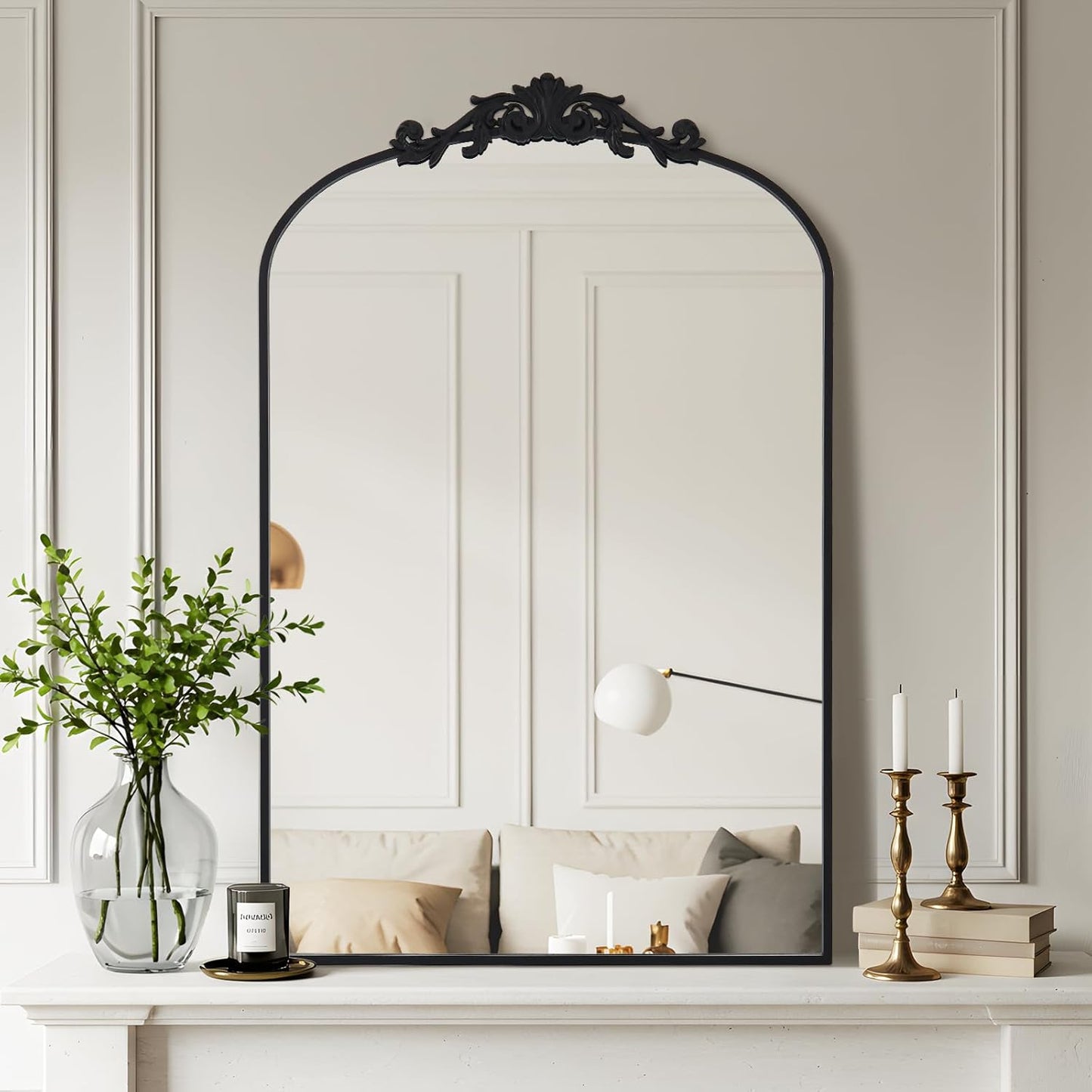 Filigree Arched Wall Mirror 22"x46" Retro Wall-Mounted Mirror with Vintage Ornate Carved Applique Hanging Leaning Antique Home Decor Mirror for Fireplace Living Room Entryway Hallway Bathroom, Black