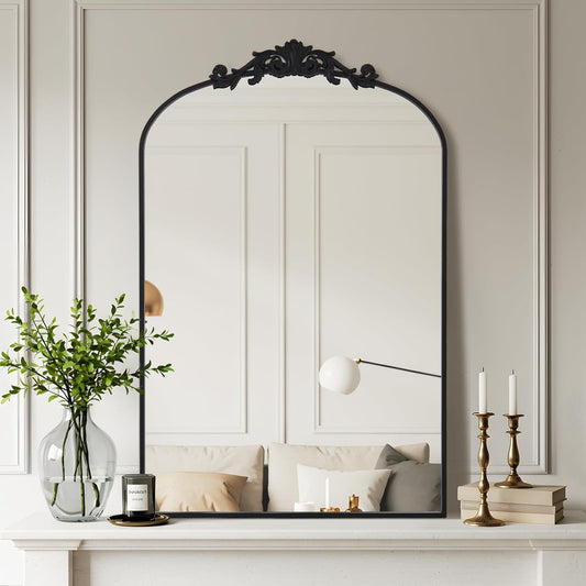 Filigree Arched Wall Mirror 22"x46" Retro Wall-Mounted Mirror with Vintage Ornate Carved Applique Hanging Leaning Antique Home Decor Mirror for Fireplace Living Room Entryway Hallway Bathroom, Black
