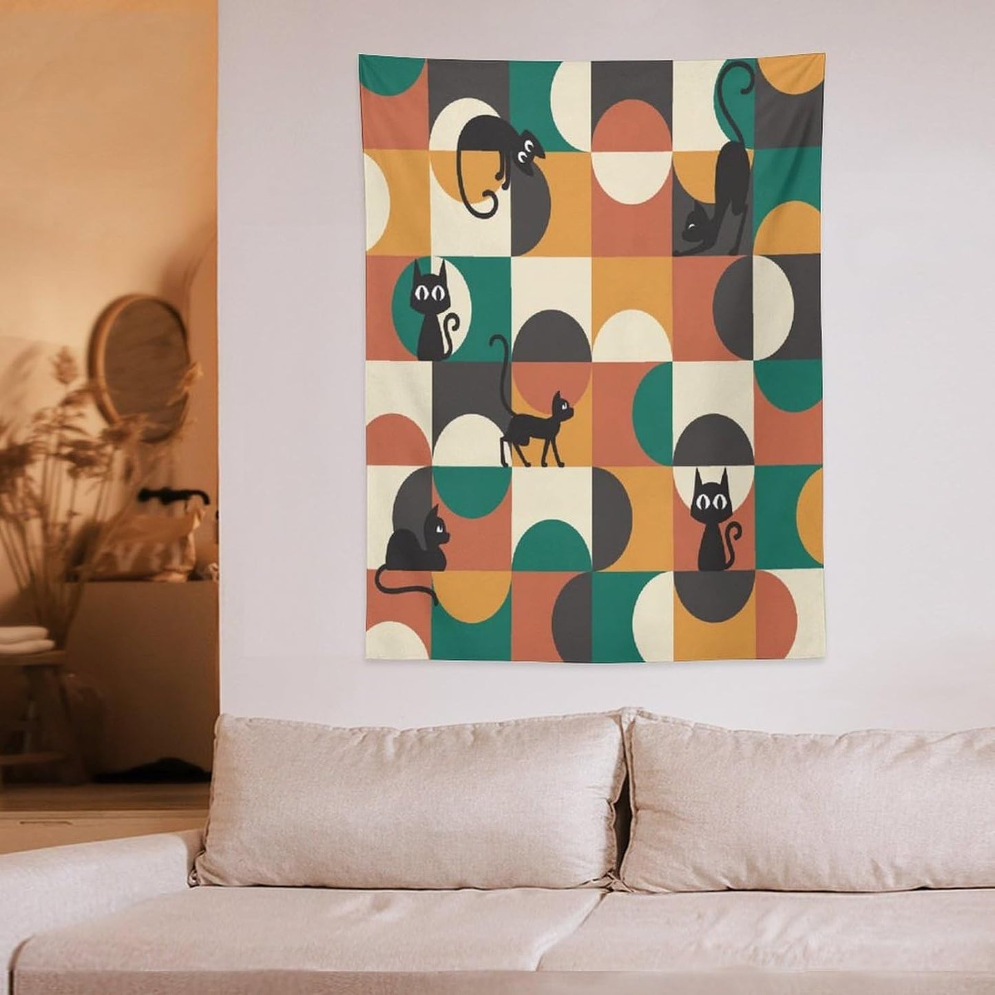 ICMOLYYENLO Boho Medieval Cat Tapestry, Abstract Atomic Starburst Geometric Aesthetic Art Wall Hanging For Bedroom Living Room Dormitory 40x60 Inches