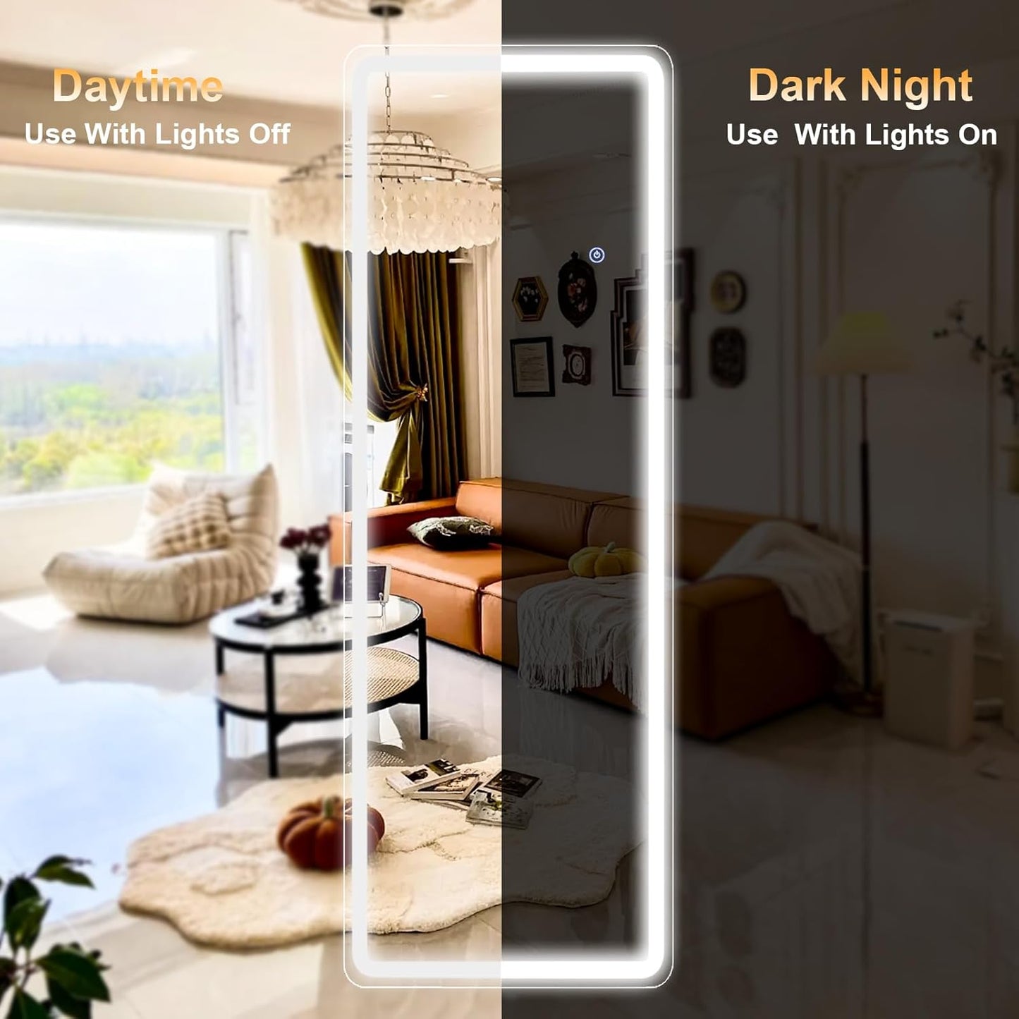 LED Rectangular Corner White Full Length Mirror - 16“ x 60” Brightness Adjustable, Touch Screen Control, Wall Mounted or Freestanding, for Bedroom Living Room Cloakroom Dressing Mirror