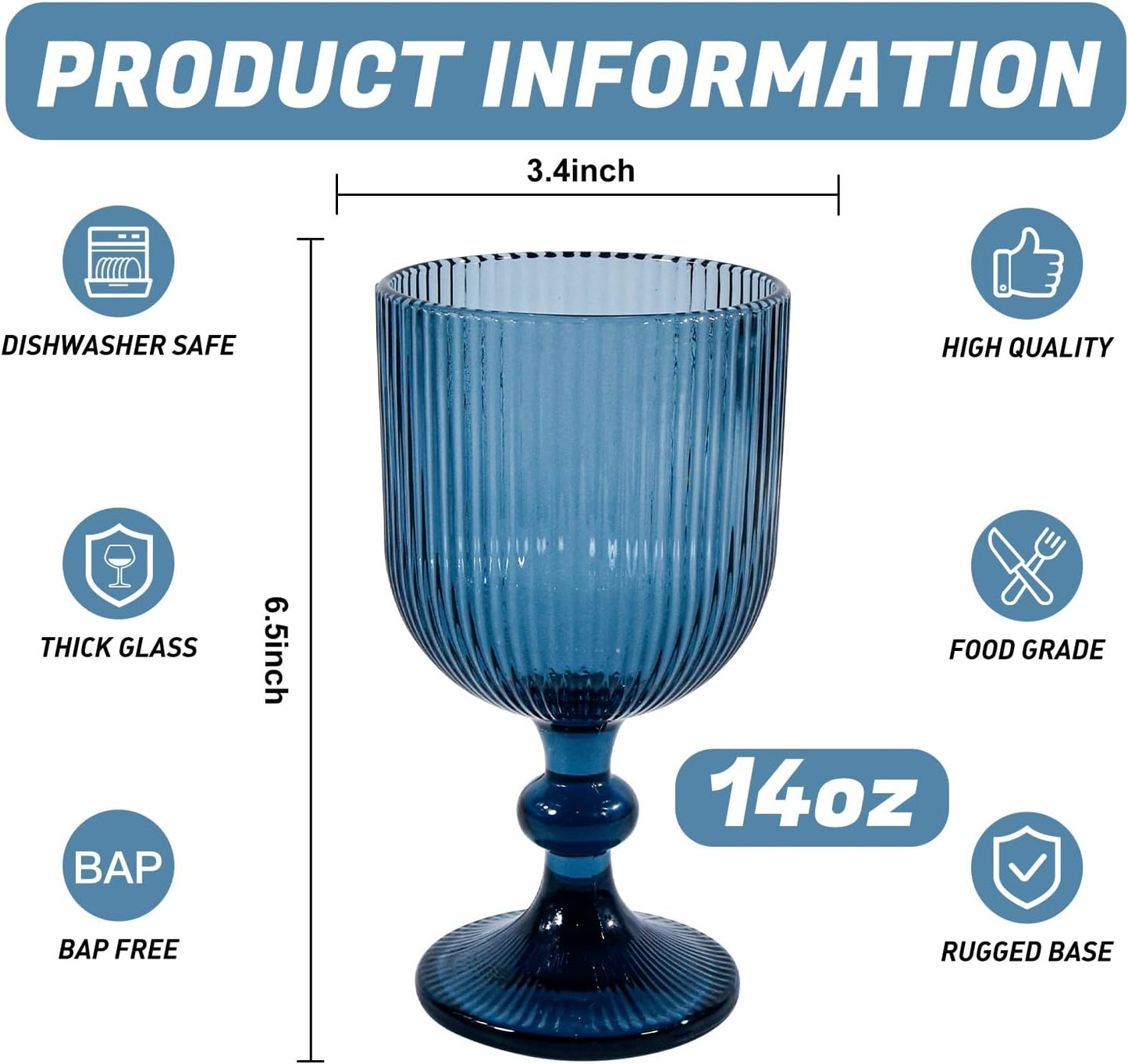 Blue Wine Glass Goblet Set of 6, 14 oz Blue Goblets Glassware, Colored Vintage Glassware for Weddings, Parties, Restaurants, Family Gatherings, Bars, Cafeterias, Dishwasher Safe