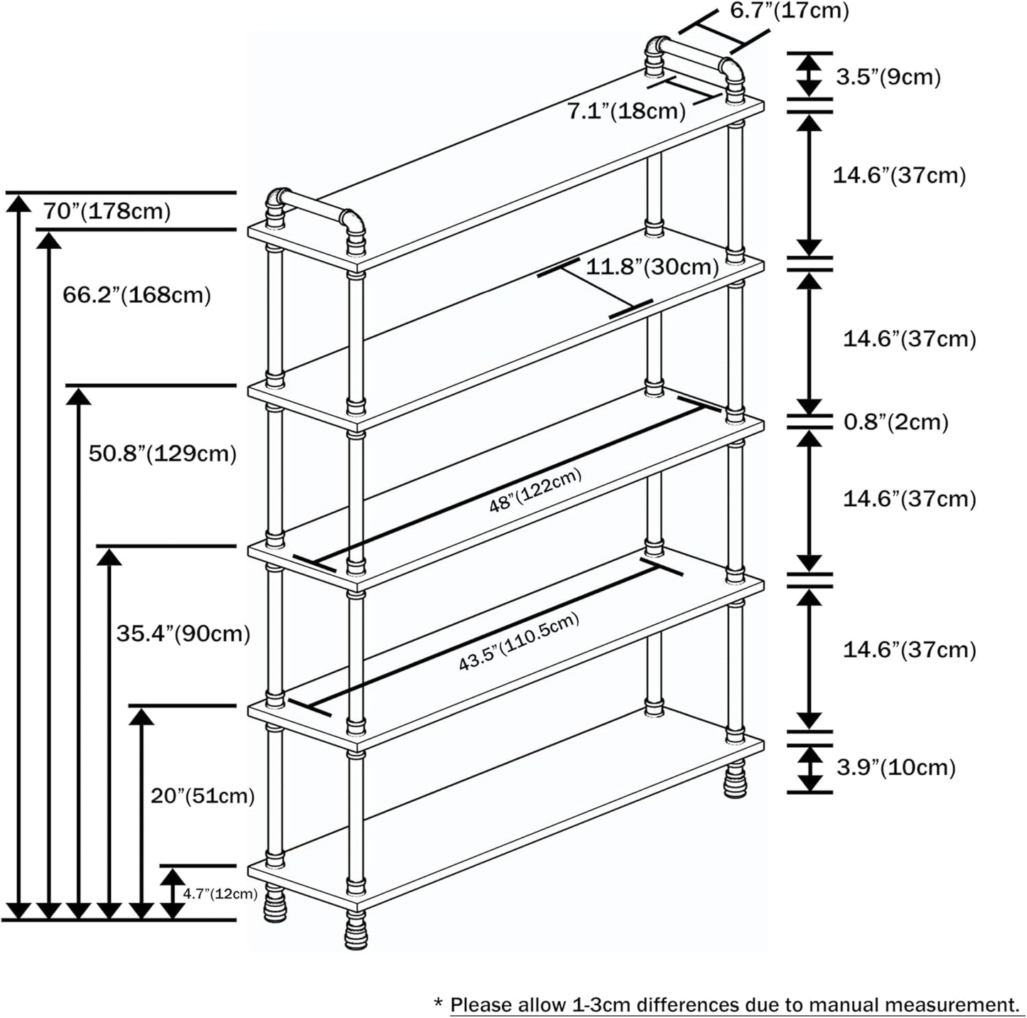 Industrial Bookshelf, 5-Tier Pipe Shelf, Wall Mounted Bookcase for Home and Office (Rustic Brown, 48" L x 11.8" W x 70" H)