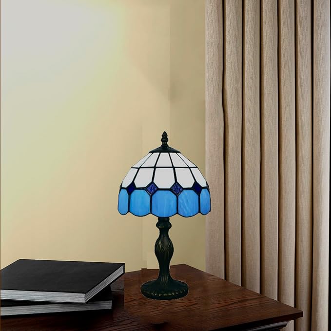 Tiffany Table Lamp 8'', Blue Tiffany Style Table Lamp for Bedroom Study Office Home Stained Glass Lamp