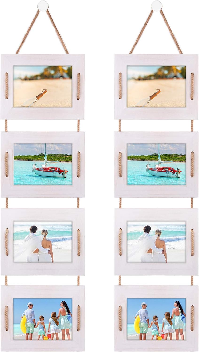 DLQuarts 5x7 Hanging Collage Picture Frames Wall Decor, 4-Opening 5x7 Matted to 3.5x5 Photo Rustic Wood Frame with Hemp Rope, 2 Pack, Vintage White