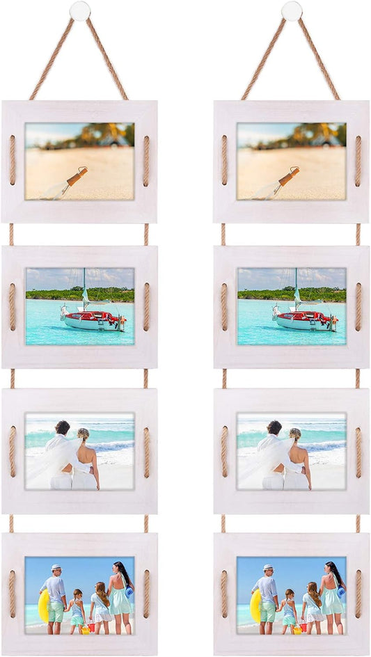 DLQuarts 5x7 Hanging Collage Picture Frames Wall Decor, 4-Opening 5x7 Matted to 3.5x5 Photo Rustic Wood Frame with Hemp Rope, 2 Pack, Vintage White
