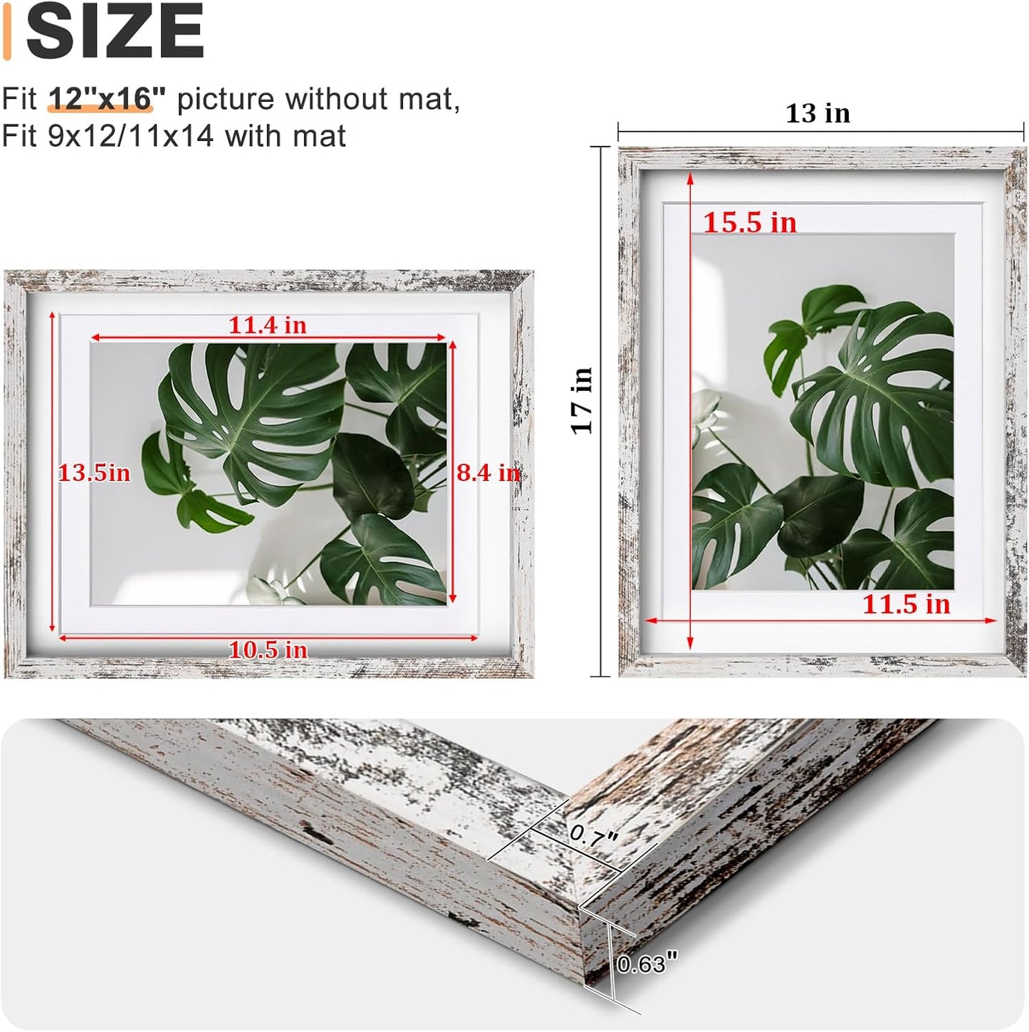 Egofine 12x16 Picture Frames Set of 4, Made of Solid Wood Covered by Plexiglass 9x12 and 11x14 with Mat or 12x16 without Mat, for Wall Mounting Photo Frame Rustic White