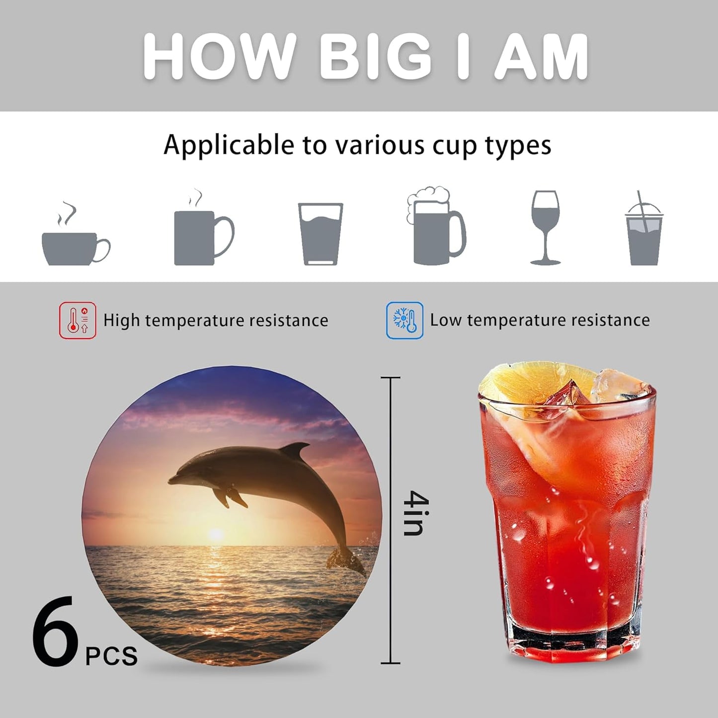 Dolphin Coasters for Drinks Absorbent with Holder,Jumping in Sea Under Sun Sets of 6 Durable Cup Coaster for Coffee Table Protection,Great Housewarming Birthday Gifts,Home Decor