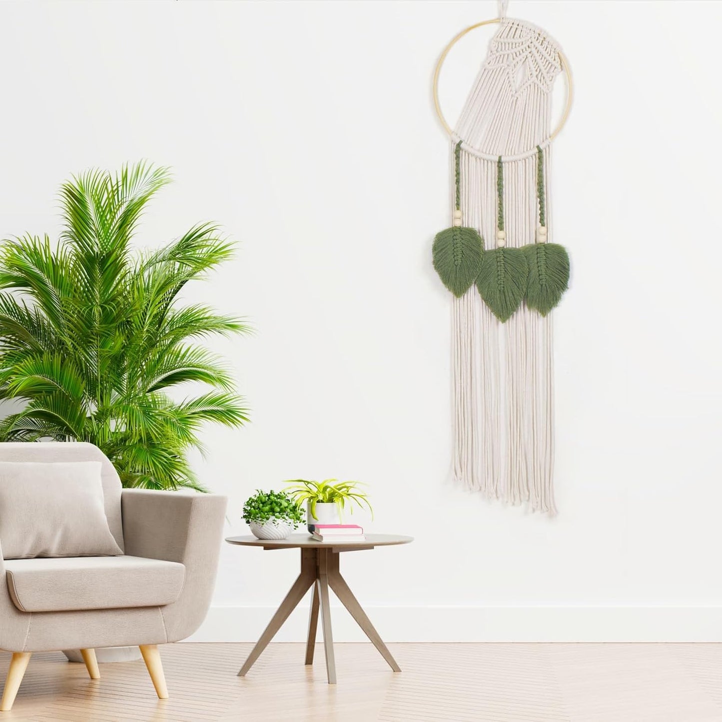 LB Boho Leaf Small Macrame Wall Hanging Green and Beige Hand Woven Cotton Tapestry Wall Art with Wood beads Modern Aesthetic Wall Decor for Home, Bedroom, Living Room