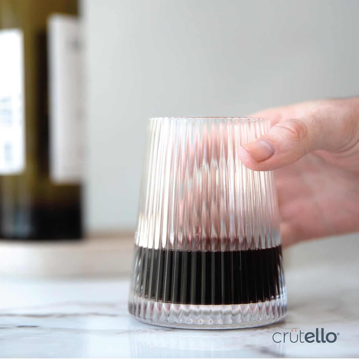 Crutello Modern Wine Glasses 12 oz Stemless, Set of 4, Unique Fluted Glassware with Vintage Ripple Texture, Art Deco Red or White Wine Fancy Glasses