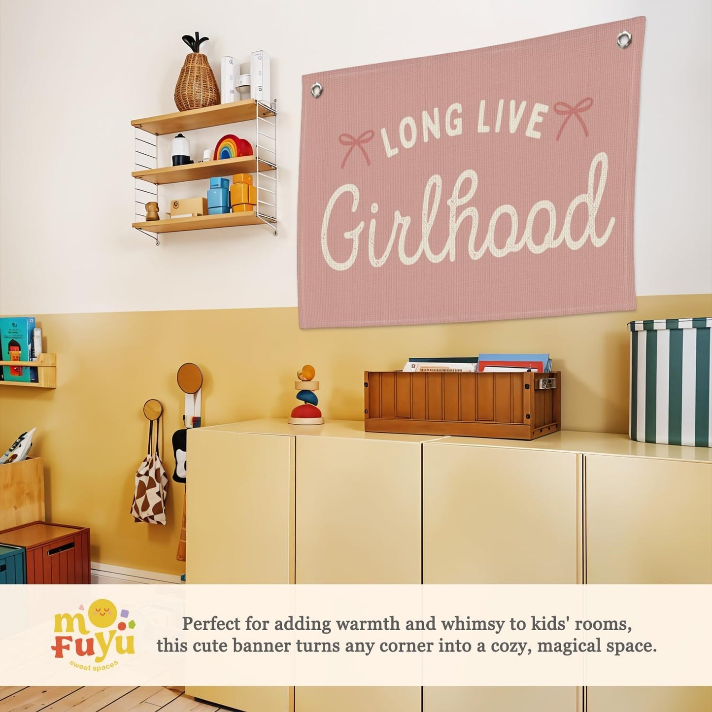 Girls Nursery Decor,Long Live Girlhood Linen Canvas Banner,Boho Girls Room Decor – Coquette Pink Bow Wall Hanging for Nursery Bedroom 30x20 Inch