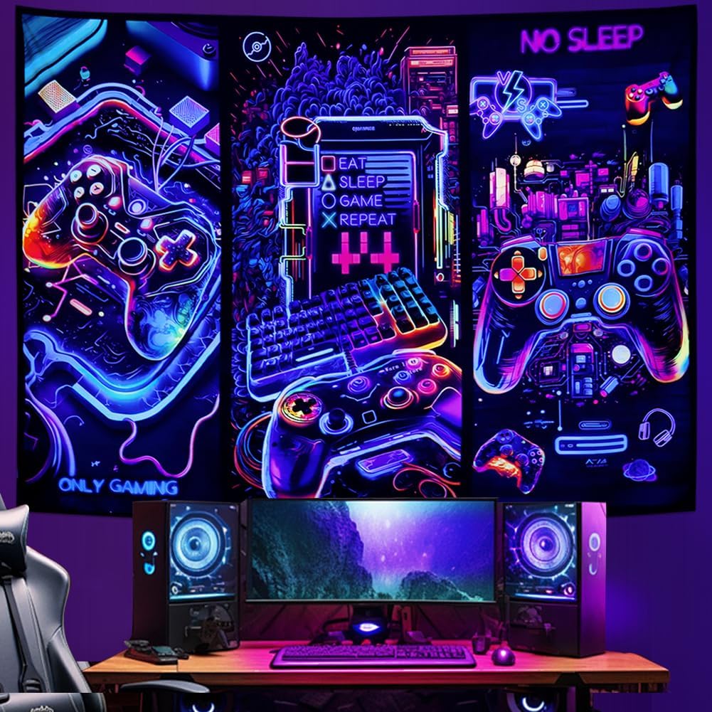 Galoker Blacklight Gaming Tapestry Cool Neon Game Controller Tapestry UV Reactive Gamer Player Wall Tapestries Funny Art Gaming Poster Tapestries Wall Hanging for Home Decor