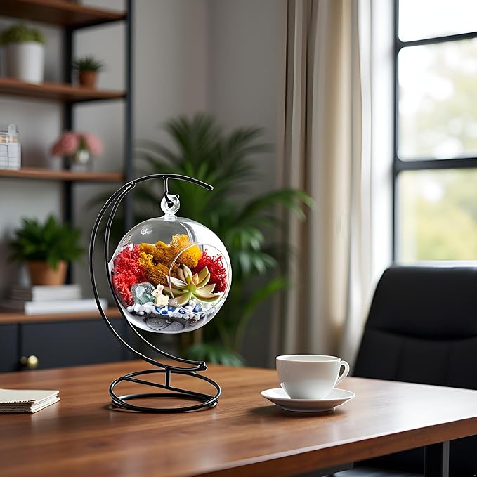 5" DIY Globe Terrarium Kit - Hanging Glass Planter with Stand for Adults & Kids - Build Your Own Mini Ecosystem with Moss, Crystals, Tools & Figurine - Handcrafted in USA
