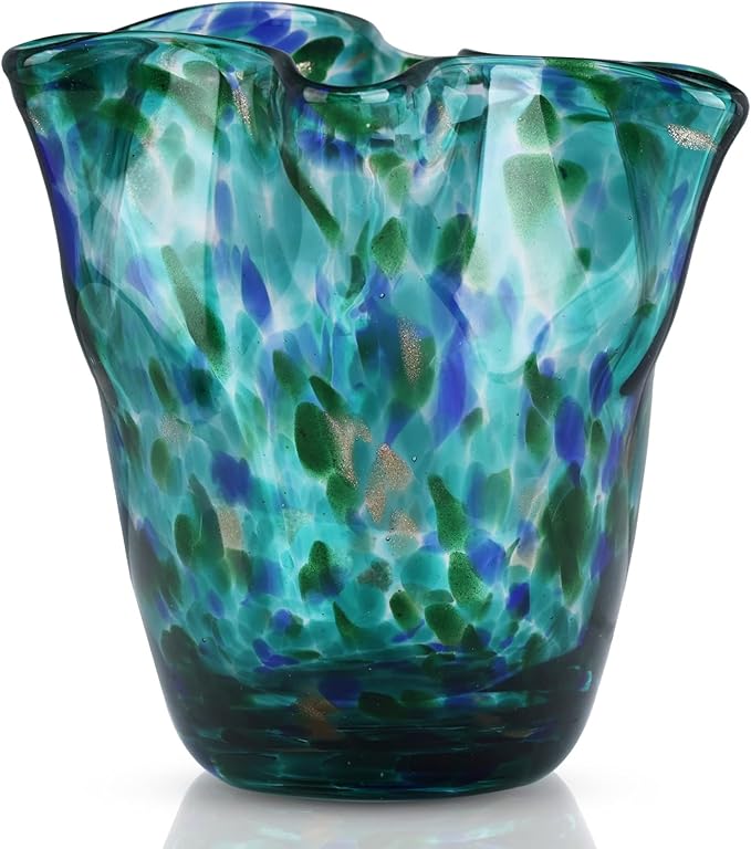Hand-Blown Glass vase, Green Wide-Mouth Petal-Shaped vase, Modern Glass Art Decoration, Ideal for Living Rooms, Kitchens, Weddings, Dining Tables, and Office Centerpiece Floral Arrangements.