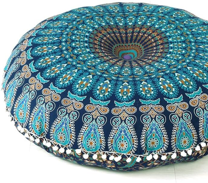 Eyes of India - Mandala Floor Pillow Cover Meditation Cushion Seating Throw Hippie Round Colorful Decorative Bohemian Indian Pouf Ottoman Handmade Cover ONLY (A1 Dark Blue-1, 32" x 32")